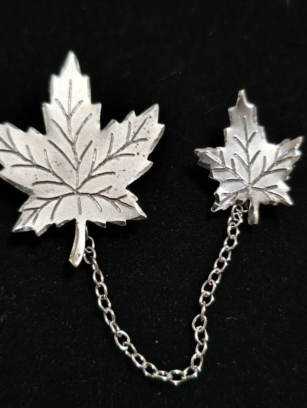 Sterling Silver Double Maple Leaf Linked Brooch  Pin 925